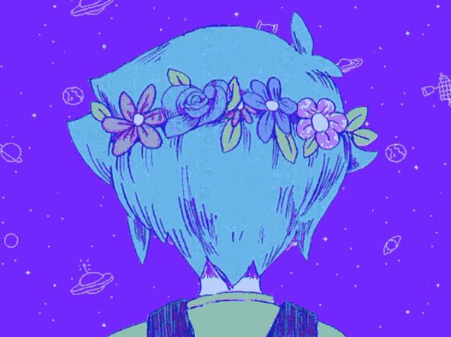 a drawing of a person with blue hair and flowers on their head