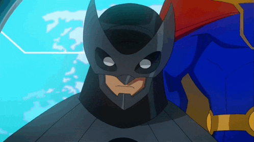 a cartoon character wearing a batman mask stands next to another superhero