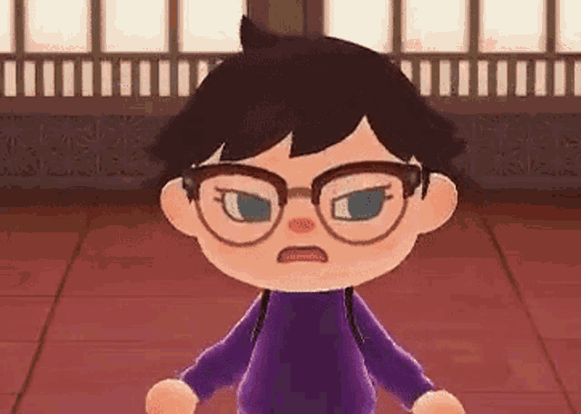 a cartoon character wearing glasses and a purple sweater .