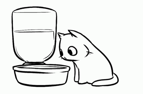 a black and white drawing of a cat standing next to a bowl of water .