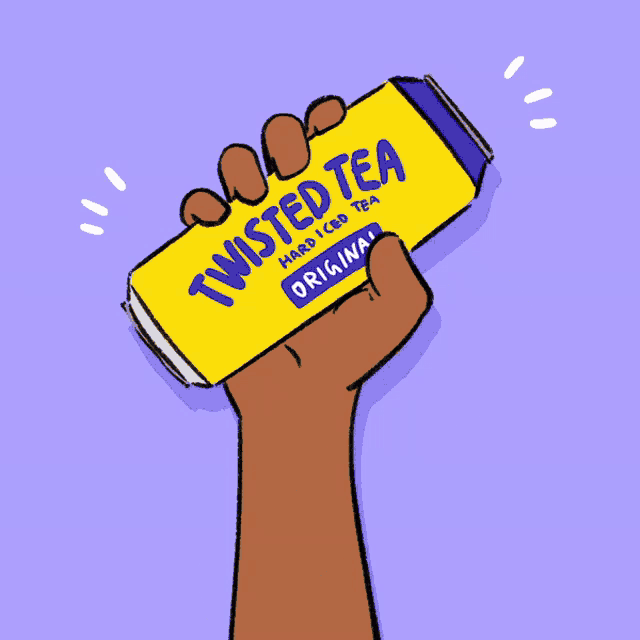 a hand holding a can of twisted tea with a banner that says stand up again hate