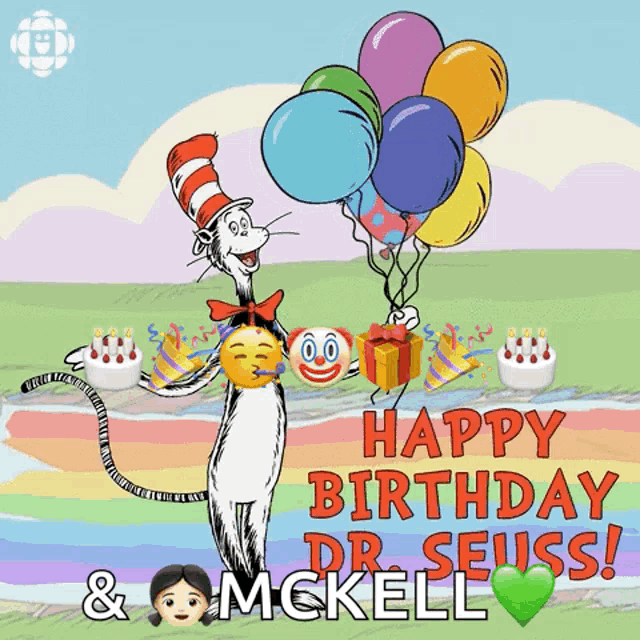 a cat in the hat holding balloons and a gift says happy birthday dr seuss and mckell