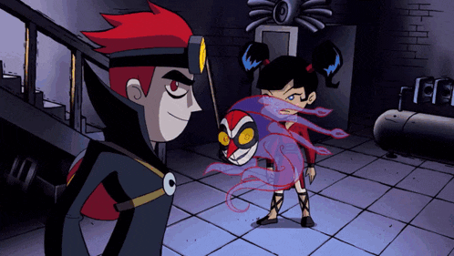 a cartoon of a man and a girl with a mask on their face