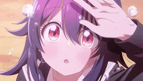 a girl with purple hair and red eyes is covering her eyes with her hand