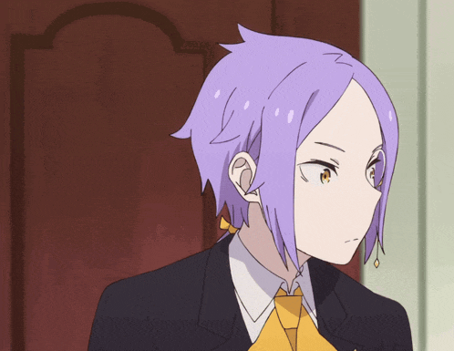 a girl with purple hair is wearing a black suit and yellow tie