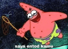 patrick star from spongebob squarepants is holding a fishing net and saying `` saya entod kamu '' .