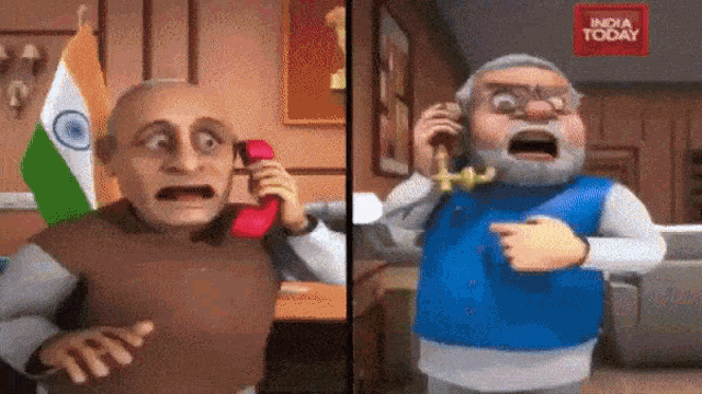 a cartoon of a man talking on a red phone next to a cartoon of a man pointing
