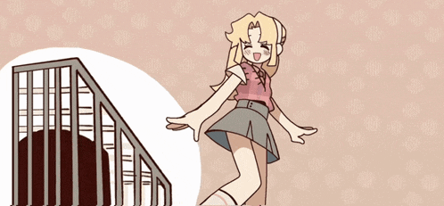 a cartoon drawing of a girl standing next to a railing