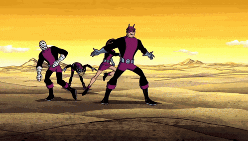 a cartoon of a group of superheros dancing in the desert