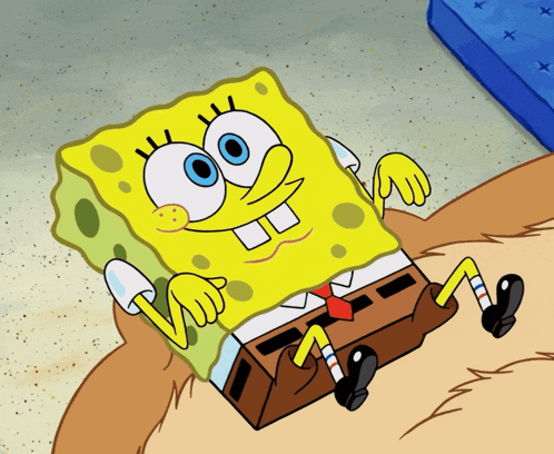 a cartoon drawing of spongebob squarepants laying on a sandy beach