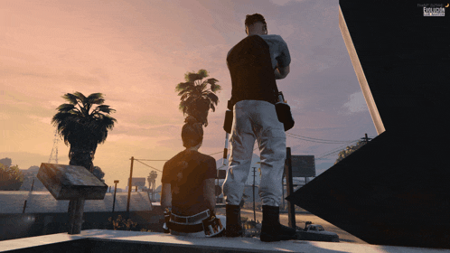 two men standing on a ledge in a video game with the words five nights at freddy 's on the bottom right