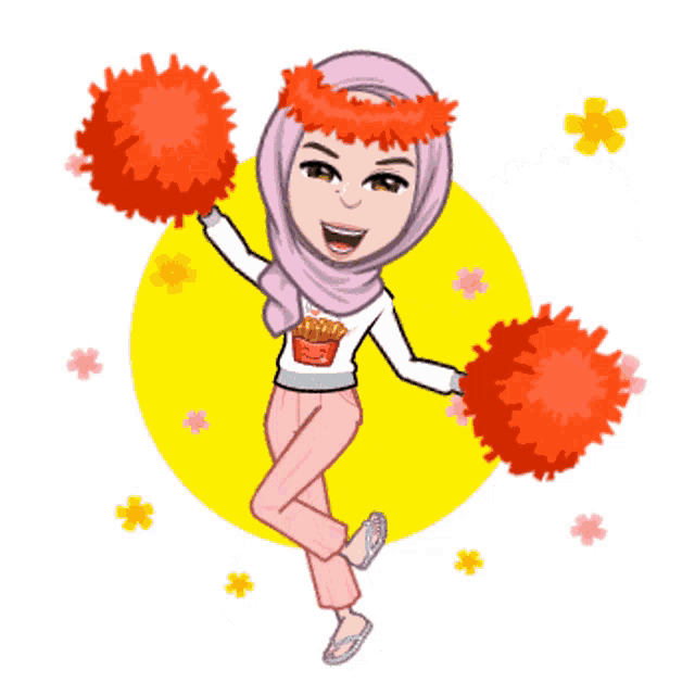 a cartoon drawing of a woman wearing a hijab and holding pom poms