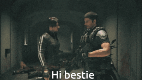 two men standing next to each other with the words hi bestie on the bottom right