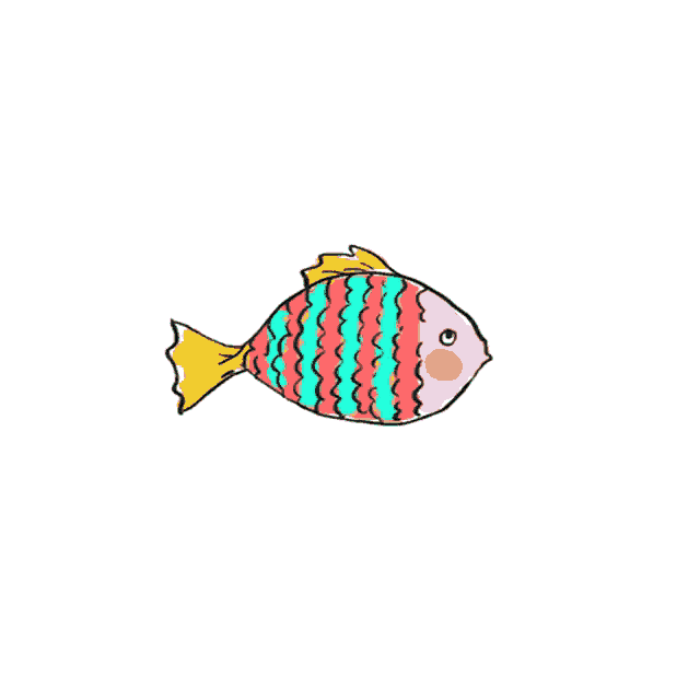 a cartoon drawing of a colorful fish with bubbles coming out of its mouth