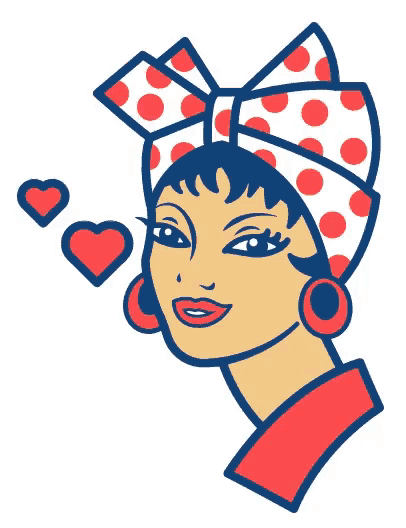 a cartoon drawing of a woman wearing a polka dot headband and red earrings