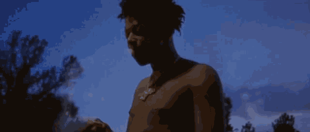 a shirtless man with a necklace on his neck is smoking a cigarette in front of a blue sky .