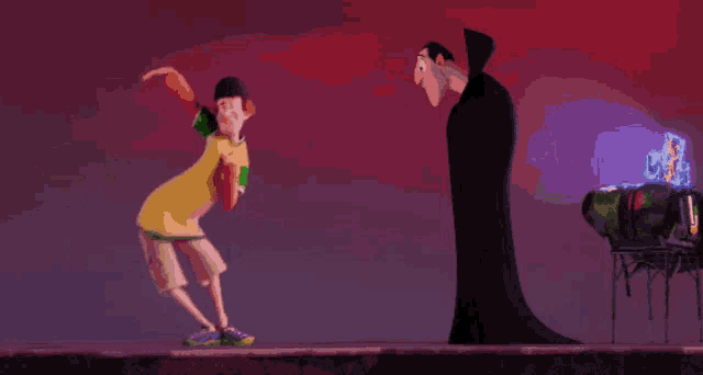 a man in a yellow shirt is kneeling in front of a vampire