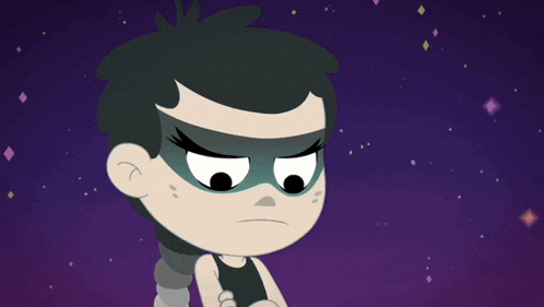 a cartoon character with black hair and a mask on her face