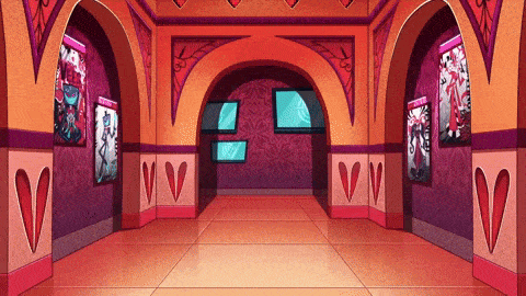 a cartoon hallway with hearts on the wall