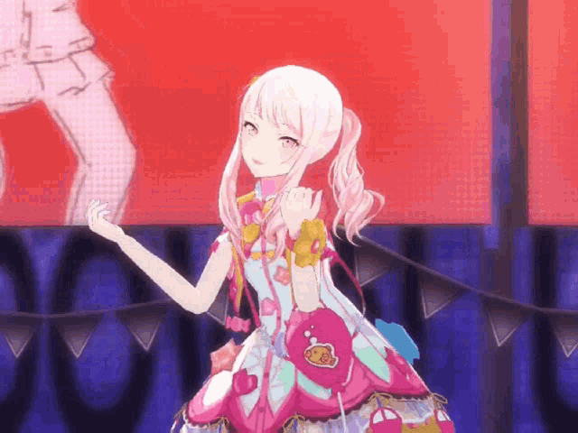 a girl with white hair and a pink dress is dancing on a stage
