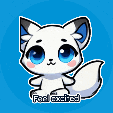 a cartoon of a white fox with blue eyes and the words feel excited below it