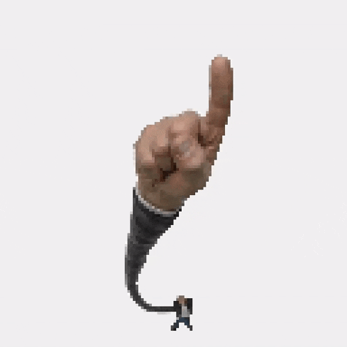a pixel art drawing of a hand pointing at a man