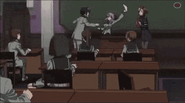 a girl with purple hair is holding a piece of paper and smiling in a classroom
