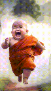 a baby in an orange robe is running in the air
