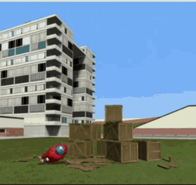 an among us character is laying on the ground in front of a large building