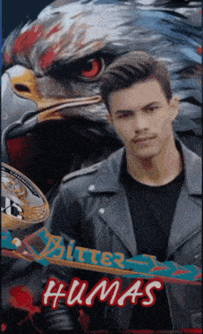 a man in a leather jacket stands in front of a large eagle with the name humas on the bottom