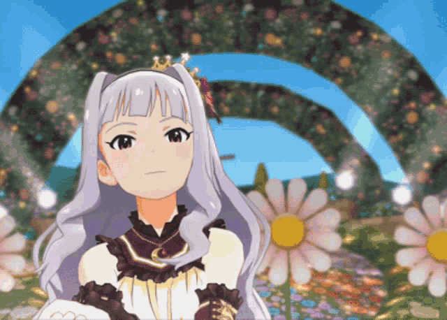 a girl with a crown on her head is standing in a field of flowers