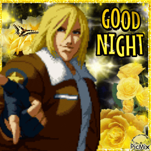 a picture of a man and yellow roses with the words good night