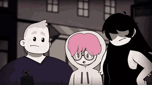 a group of cartoon characters are standing next to each other and one has pink hair