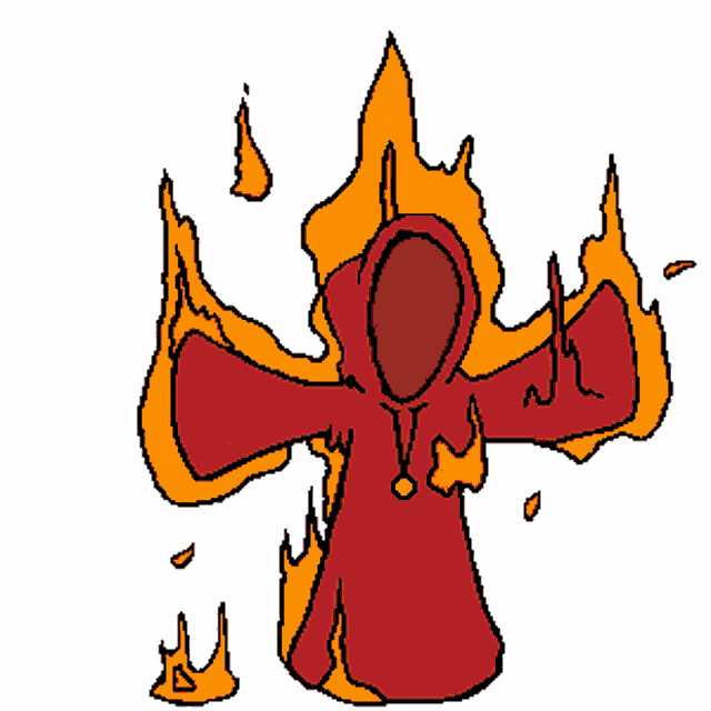 a drawing of a person in a red robe with flames coming out of it