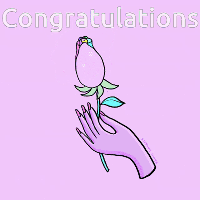 a congratulations card with a rainbow rose and a hand