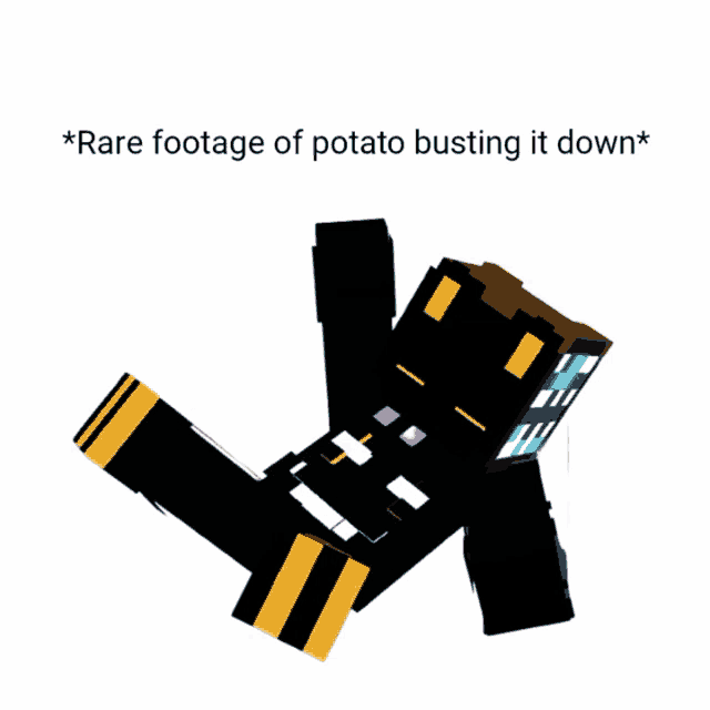 a minecraft character is falling down with a caption that says rare footage of potato busting it down