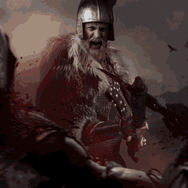 a man with a beard is holding a sword and screaming