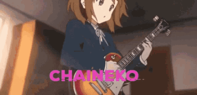 a girl in a school uniform is playing a guitar in a room with the words chaineko in pink .