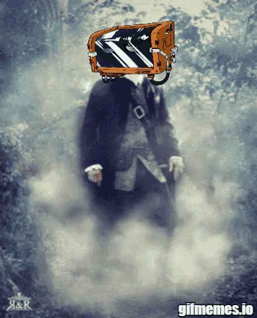 a man in a suit has a suitcase on his head and the website gifmemes.io can be seen below him