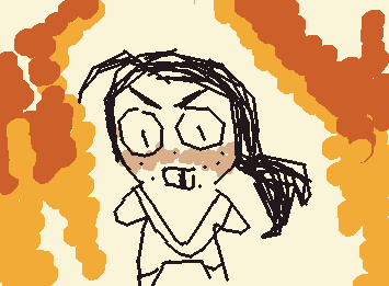 a cartoon drawing of a girl with a ponytail and a very angry look on her face