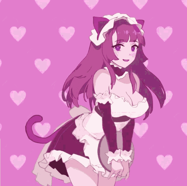 a girl with purple hair is wearing a maid outfit with hearts in the background