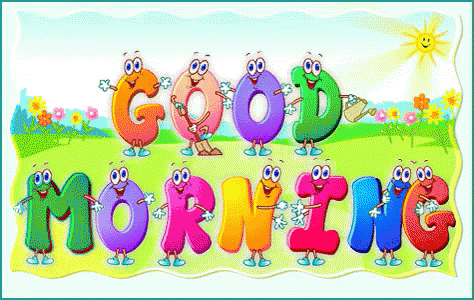 a colorful cartoon says good morning with a sun in the background