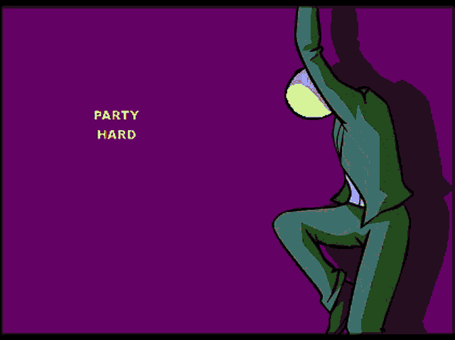 a cartoon drawing of a man in a suit and tie with the words party hard above him