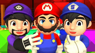 three cartoon characters are standing next to each other and one of them is a mario character .