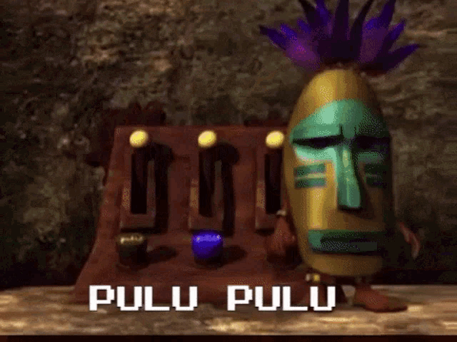 a video game scene with the words pulu pulu on the bottom of the screen .