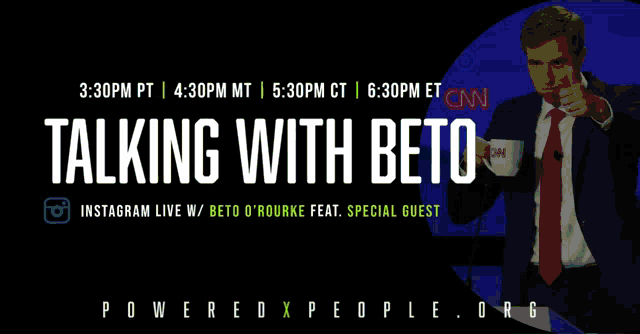a poster for talking with beto shows a man in a suit and tie giving a thumbs up