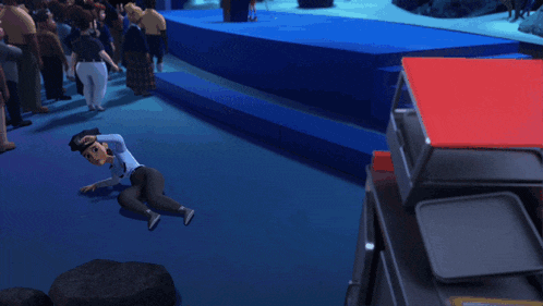 a cartoon character is laying on the floor in front of a crowd