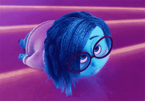 a cartoon character with blue hair and glasses laying down
