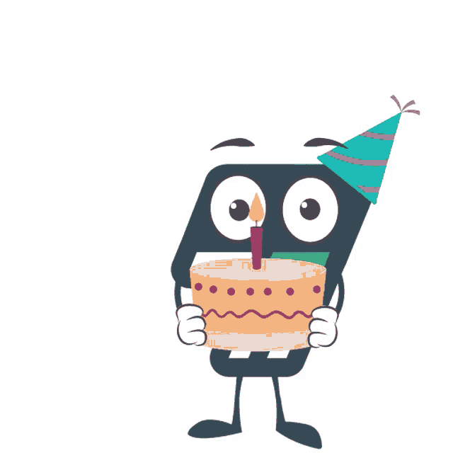 a cartoon character holding a birthday cake with a candle and the words happy birthday below it
