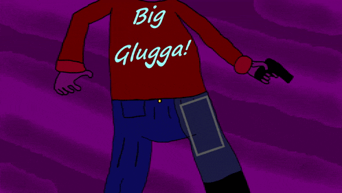 a cartoon character with big glugga on his shirt